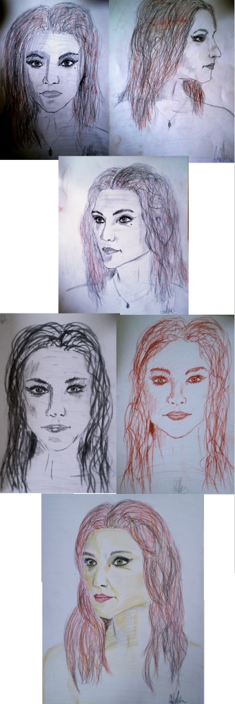 a portrait study From top to bottom, left to right: *Sketches in 3 different perspectives *Charcoal *Sanguine *Final Project (Colored Pencils) All Din A4 2013